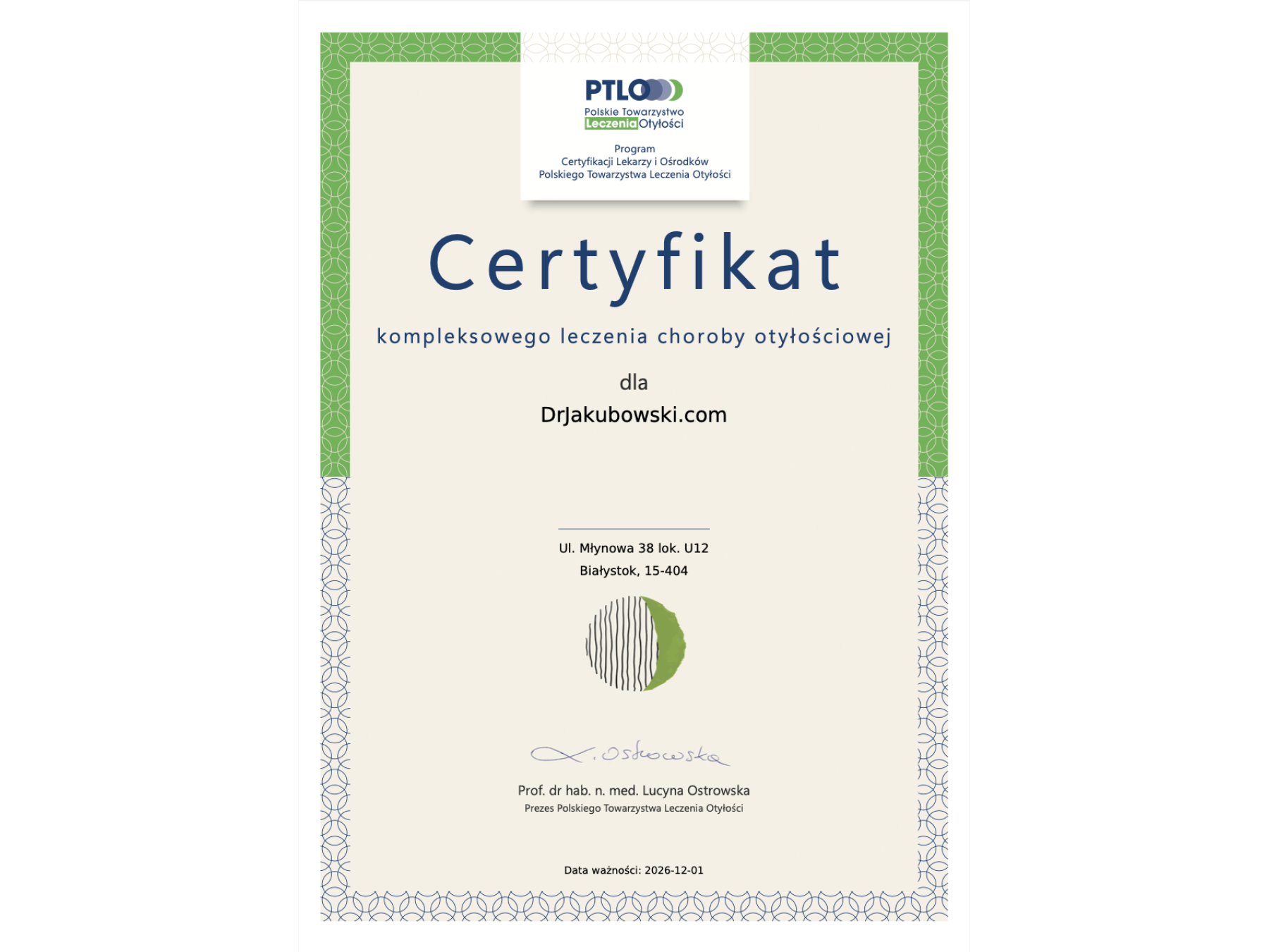 Certyfikat Kompleksowego Leczenia Choroby Otyłościowej Polskiego Towarzystwa Leczenia Otyłości